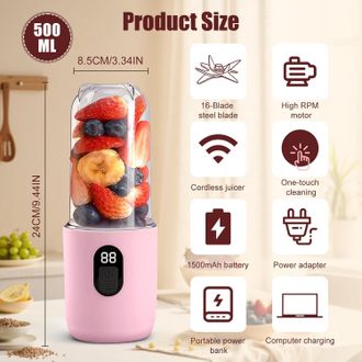 OEM Licuadora Port&aacute;til De 500 Ml Con Pantalla Digital, M&aacute;quina Port&aacute;til Para Batidos, Exprimidor El&eacute;ctrico Usb De 16 Cuchillas, Mini Licuadora, Ideal Para