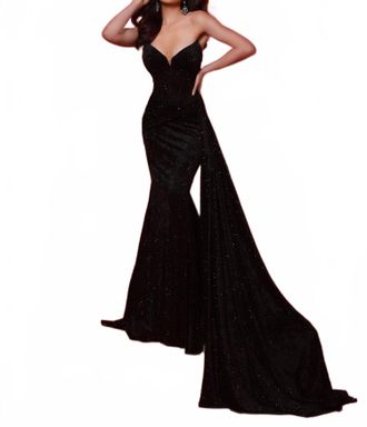 Johnathan Kayne Strapless V-Neck Draped Prom Gown In Black