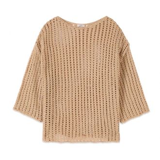 Oltre Top met ajourmotief - Dames - Ronde hals truien - Beige - S/M - Katoen - Truien & Vesten