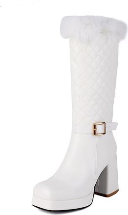 Generic Womens Square Toe Winter Boots with Buckle Chunky Heel Platform Long Boots PU Leather Mid-Calf Boot with Side Zipper,White,7.5 UK