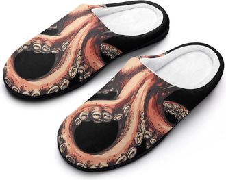 Generic Vintage Octopus Workers Mens Warm Slippers Non-Slip Sole Winter Rubber Cotton Shoes for Bedroom