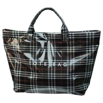 Generic Plaid PVC Tote Bag for Women, Large Letter Print Handbag, Waterproof Coated Shopping Bag, Spacious Bag for Travel, Daily Use (Black Tartan)