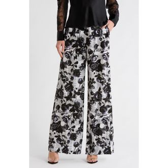 L'agence Gavin Floral Wide Leg Silk Pants in White/Black Rose Newspaper at Nordstrom Rack, Size 14