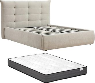 Vente-Unique Letto Contenitore 140 X 190 Cm Con Testata Trapuntata Tessuto Beige + Materasso - Dormelina
