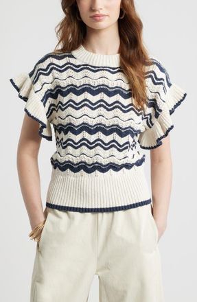 Treasure & Bond Flutter Sleeve Cotton Pointelle & Rib Sweater in Navy- Ivory Wave Stripe at Nordstrom, Size Xx-Large