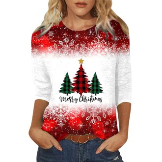 Generic Graphic Tees Trendy Clothes Crewneck Xmas Tree Snowflake Print Cute Blouse Ladies Tops Fall Casual 3/4 Sleeve Loose Shirts for Women UK Christmas T 20