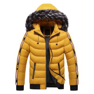 Generic Mens Puffer Jackets Long Sleeve Lightweight Hooded Down Jakcet Thicken Casual Warm Solid Color Down Coat Windproof Waterproof Puffy Jackets Yellow