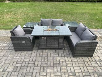 Fimous Rattan Garden Furniture Set with Gas Fire Pit Dining Table, 2 Side Tables Indoor Outdoor 6 piece Love Sofa set in Dark Grey