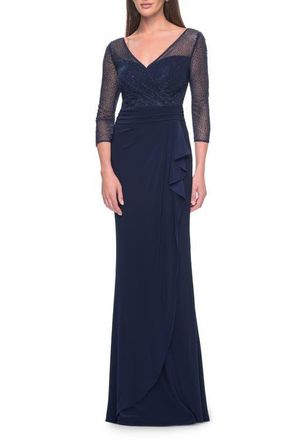 La Femme Evening Gown with Illusion Rhinestone Sleeves in Navy at Nordstrom, Size 12