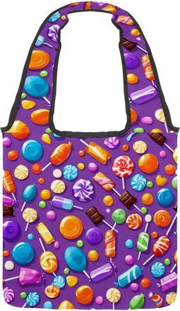 Generic Purple Candy Pattern Reversible Canvas Shoulder Tote - Double-Sided Print, 12oz Cotton, 27cm Drop, Fold-Flat Bag for Travel, Shopping, Street Outings