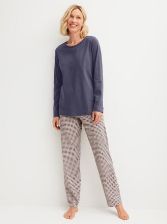 CALIDA Schlafanzug CALIDA Graphic Nights, Damen, Gr. XL (52/54), graystone, Single Jersey, Obermaterial: 100% Baumwolle, bequem lang, Rundhals, Homewear-Sets