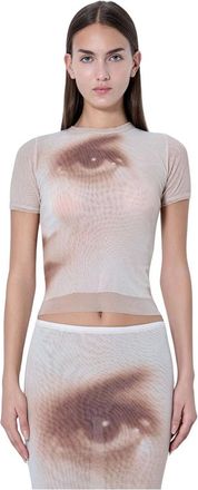 Jean Paul Gaultier Camiseta de Malla con Estampado Facial - Tops - Mujer - Beige - XS
