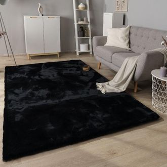Paco Home Tappeto Salotto Pelo Lungo Shaggy Imitazione Finta Pelliccia Di Coniglio Soffice Nero, &oslash; 120 cm tondo - Paco Home
