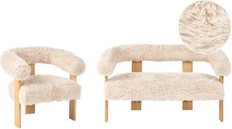 Beliani Sofa Set Off-White and Light Brown 2 Seater Armchair Faux Fur Upholstery Retro Design Wooden Legs Living Room ILBRO