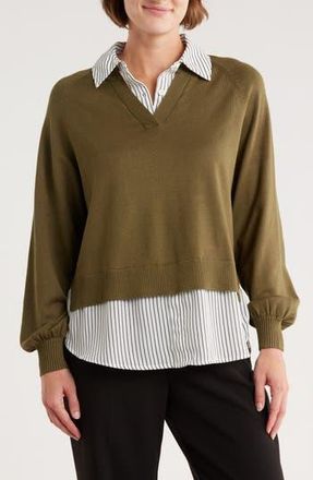 Adrianna Papell V-Neck Twofer Sweater in Oak Olive W/Iv/Bl Mini St at Nordstrom Rack, Size X-Small