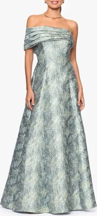 Betsy & Adam Floral Brocade Off the Shoulder Gown in Sage/Ivory at Nordstrom, Size 8P