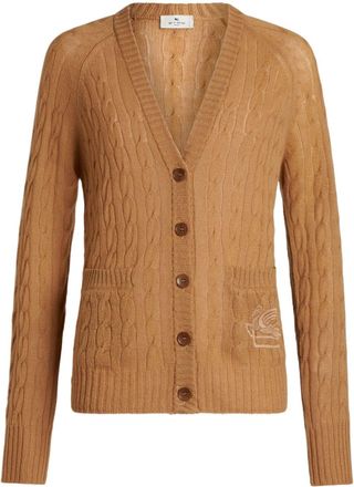 Etro Pegaso-motif cable-knit cardigan - women - Cashmere - 40 - Brown