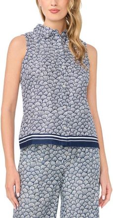 CeCe by Cynthia Steffe Shell Print Stretch Cotton Button-Up Top in Classic Navy at Nordstrom, Size Xx-Large