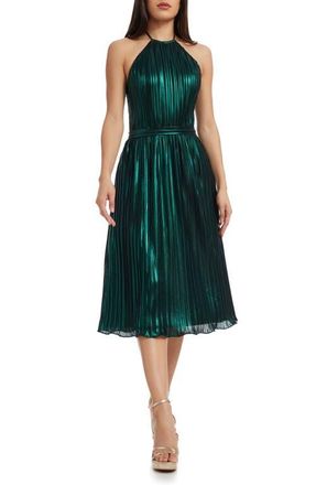 Dress The Population Hannah Pleated Metallic Halter Dress in Deep Emerald at Nordstrom, Size X-Large