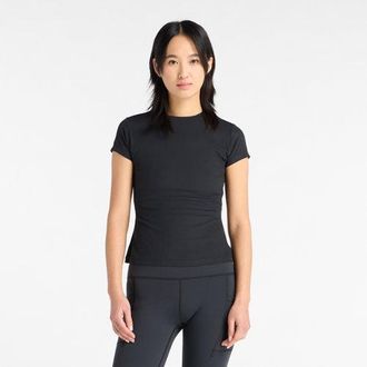 New Balance Womens Ribbed Fitted T-Shirt in Black Poly Knit, size X-Large