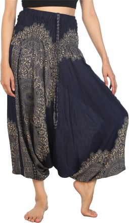 Lofbaz Womens Peacock Smocked Waist 2 in 1 Harem Jumpsuit Pants Dark Blue L