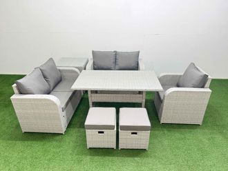 Fimous High Back Poly Rattan Garden Furniture Set w/ Reclining Chair Loveseat Sofa Rectangular Dining Table Indoor Outdoor Patio Set 2 Stool Side