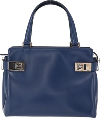 Ferragamo Double Gancini Side Buckle Tote Leather Blue Leather Handbag (Pre-Owned)
