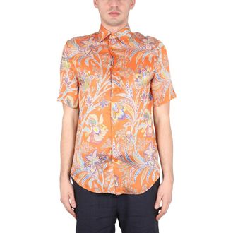 Etro Etro, Short Sleeve Shirts, male, Orange, Size: XS Camicia Boxy Fit Stampa a Fiori
