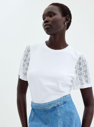 Contemporaine Womens Lace puff-sleeve dual-material T-shirt