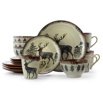 Elama Majestic Elk 16 Piece Luxurious Stoneware Dinnerware with Complete Setting for 4 in Beige at Nordstrom