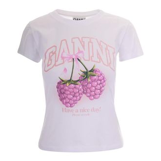 Ganni T-Shirts, female, White, Size: XS Cotton T-Shirt with Raspberry Print