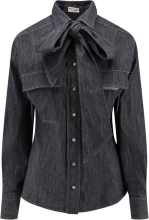 Brunello Cucinelli Klassieke knoopsluiting met strik - Dames - Spijkeroverhemden - Blauw - L - Katoen - Overhemden