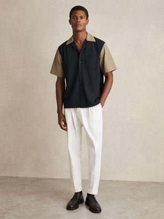 Reiss Navy & brown Colour-block Cuban-collar Shirt, XL