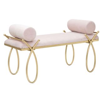 Dmora Panca Ennist Con 2 Cojines, Estructura De Tela, Asiento Rosa, 113x49x53h Cm, Oro