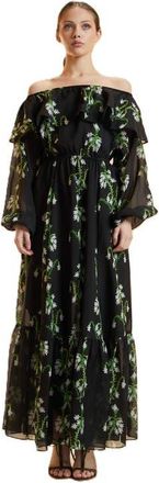 Cynthia Rowley Off Shoulder Silk Maxi Dress in Black Vine Floral at Nordstrom, Size X-Small