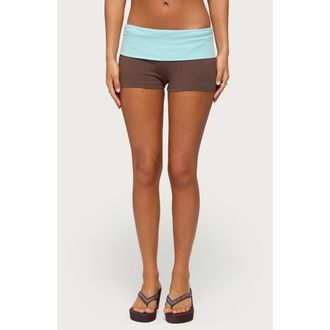Edikted Emmey Contrast Foldover Waistband Shorts in Brown-And-Aqua at Nordstrom, Size X-Small