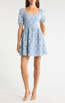 Sugarlips Ivana Eyelet Smocked Minidress in Blue-White at Nordstrom, Size X-Large