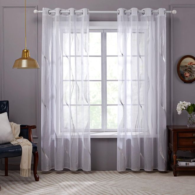 Deconovo Gardinen Weiß Vorhang Transparent Leinenoptik Ösenvorhang Voile Ösenschal Wohnzimmer, 145x140, Kurve Welle ab 29,99 €
