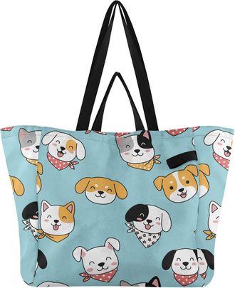 Generic Shiba Dog Blue pattern Reusable Canvas Tote Bag, Heavy Duty Grocery Shopping Bag with Double Handles Large Capacity Hard Bottom Work Groceries Travel