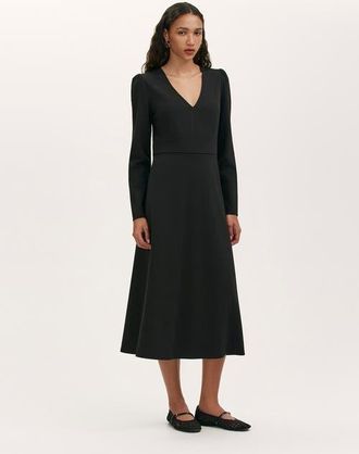 Finery Seraphina Ponte Jersey V Neck Midi Dress in Black at Nordstrom, Size 14
