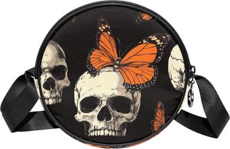 Generic Circle Crossbody Bag for Women, Butterfly Skull Small Sling Bag Daypack with Zipper Adjustable Shoulder Straps Casual Ladies Girls Round Purse