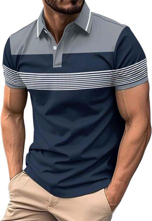 Generic Mens Polo Shirt Short Sleeve Casual Summer Color Matching Striped T Shirt with Chest Pocket and Half - Zip Regular Fit Breathable Golf Business Top (0