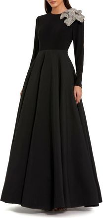 Mac Duggal Petite Long Sleeve Taffeta 3D Flower Ball Gown in Black at Nordstrom, Size 10