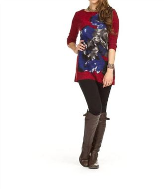 Papillon Flower Placement Print 3/4 Sleeve Sweater Dress In Red