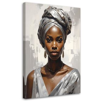 Feeby Cuadro Sobre Lienzo, Retrato De Una Mujer Con Turbante Plateado En Estilo Glamour, 80x120