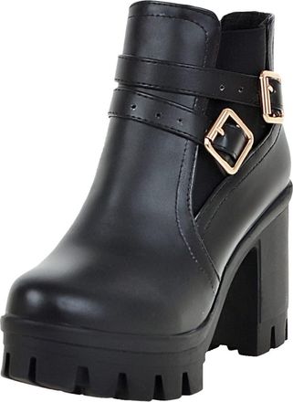 Generic Women Belt Buckle Fashion Boots with Thick Heels Ankle High Stretch Comfort Footwear Durable Sole Design (Black, 6.50)