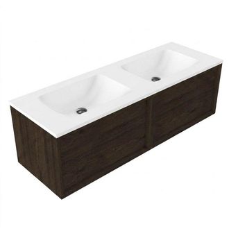 Saniclass Holz Frame Badkamermeubelset - 140x45x57.5cm - Torino solid surface wastafel wit - zonder kraangat - 2 lades - mat eiken charcoal (hout)
