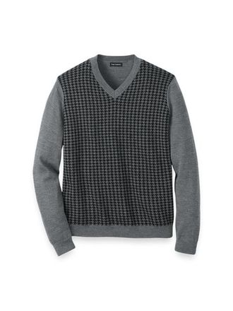 Paul Fredrick Washable Merino Wool Houndstooth V-neck Sweater in Black/grey at Nordstrom, Size Xx-Large
