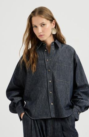 Brunello Cucinelli Sparkling no-fade denim shirt with shiny collar at Nordstrom, Size Xxx-Large