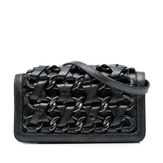 Chanel Pre-owned Womens Cc Metallic Caviar Interlaced Chain Clutch On Strap - Black Leather - One Size